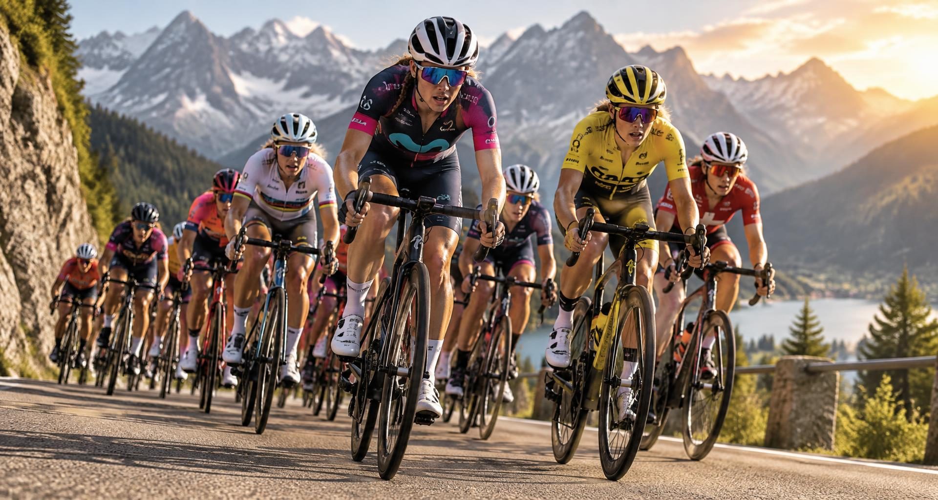 Women's professional road cycling peloton racing on an open road